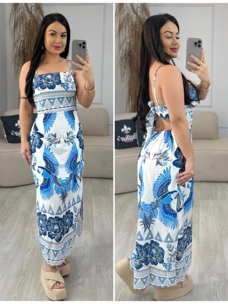 vestido midi estampado azul e branco 086