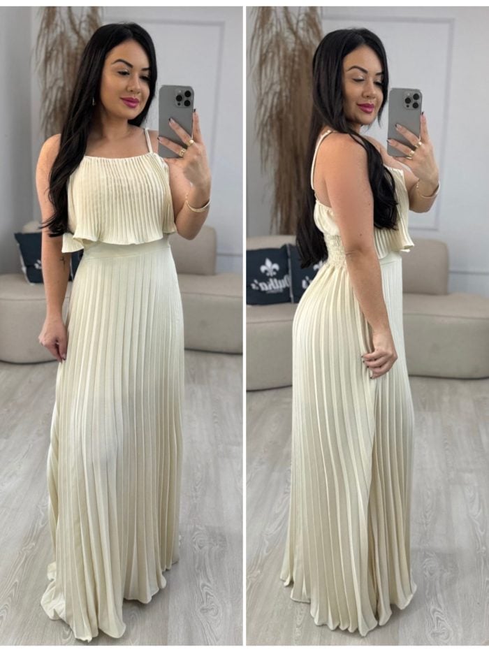 vestido plissado longo nude 226