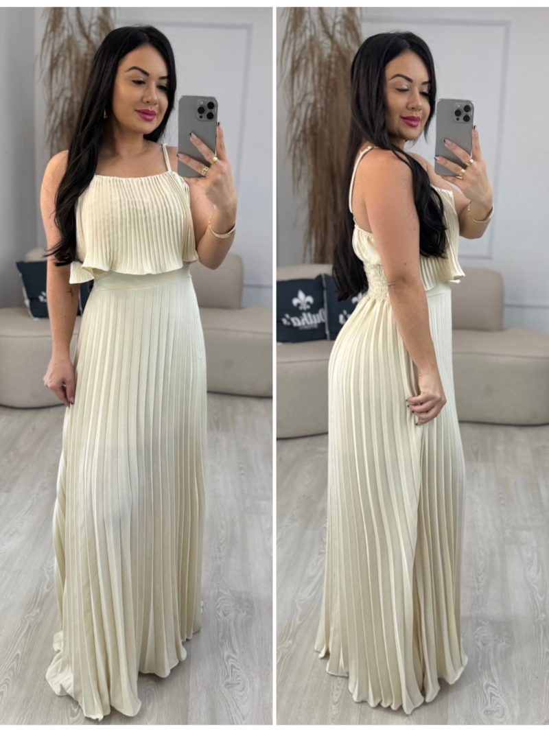 vestido plissado longo nude 226
