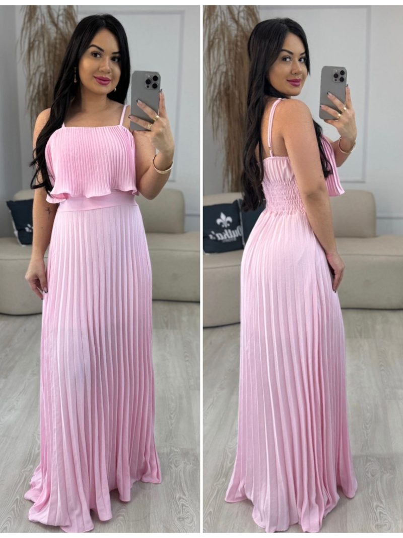 vestido plissado longo rosa 224
