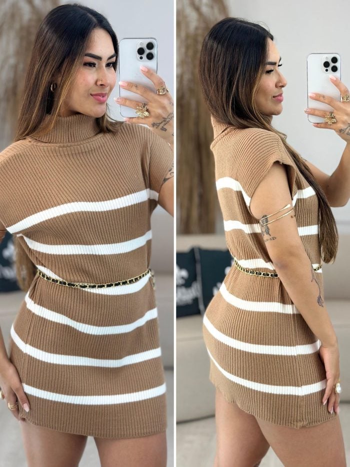 vestido modal listrado nude escuro 310