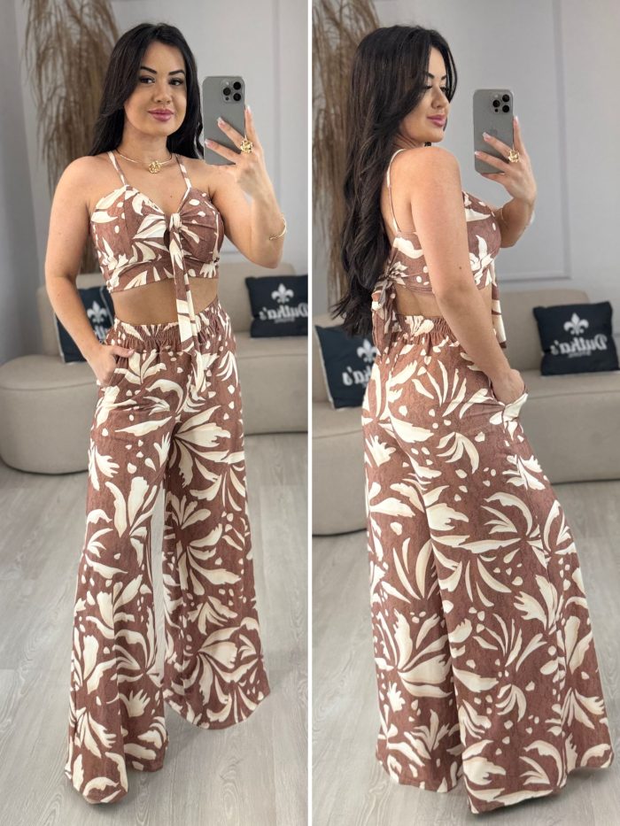 conjunto cropped e calça marrom estampado 349 conjunto cropped e calça marrom estampado 349