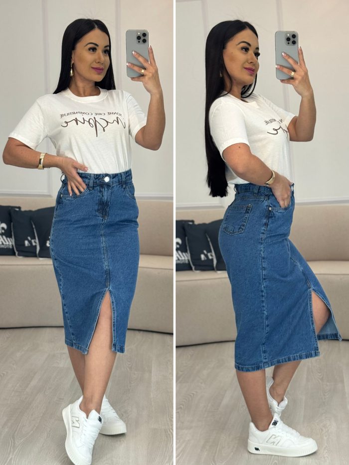 saia jeans longa com fenda 550 saia jeans longa com fenda 550