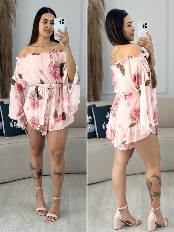 macaquinho babado tule rosa com flores 561