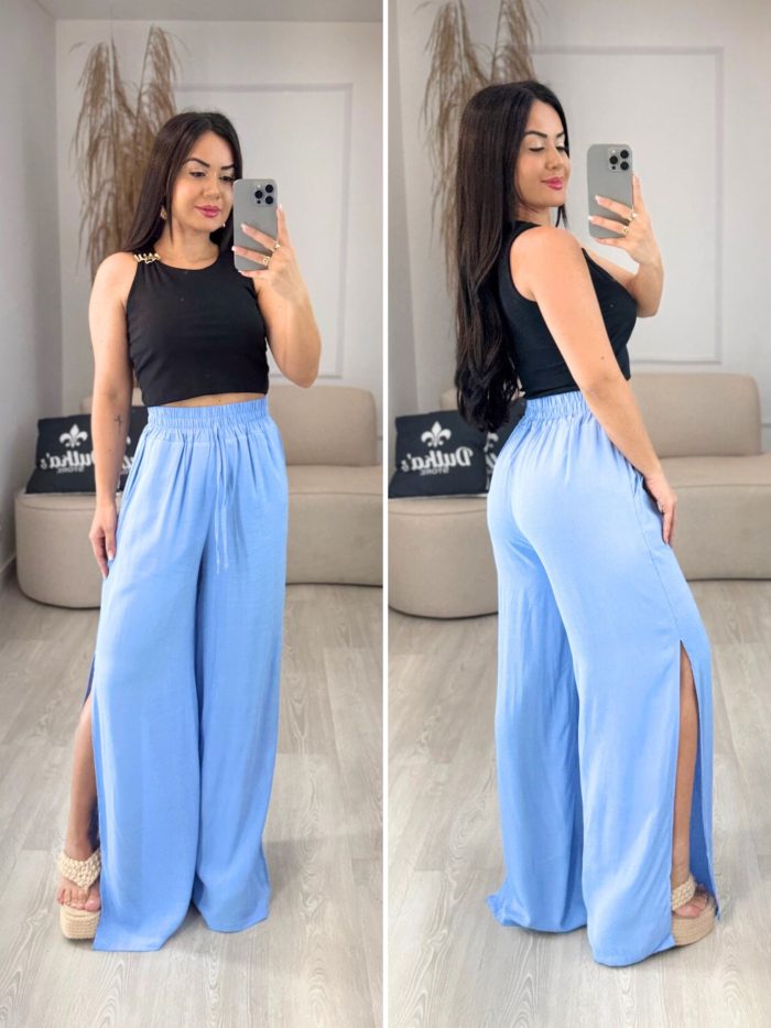 calça pantalona com fenda azul 665 calça pantalona com fenda azul 665