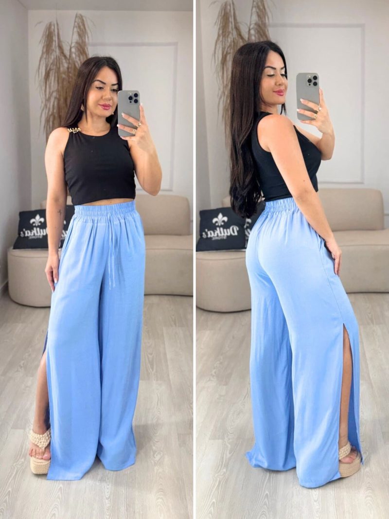 calça pantalona com fenda azul 665