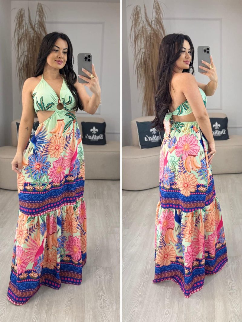 vestido longo verde estampado 356