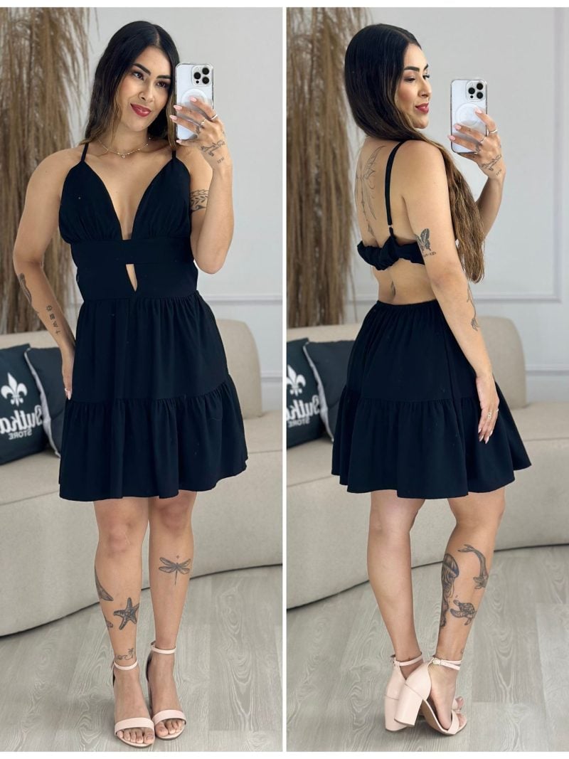 vestido babado decote preto 713