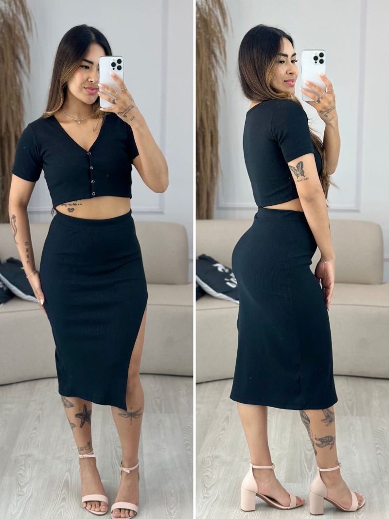 conjunto canelado saia midi com fenda 548
