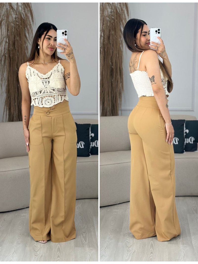 calça pantalona alfaiataria marrom claro 668