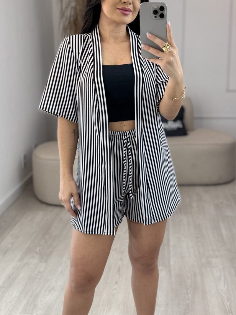 conjunto kimono listrado preto com branco 339