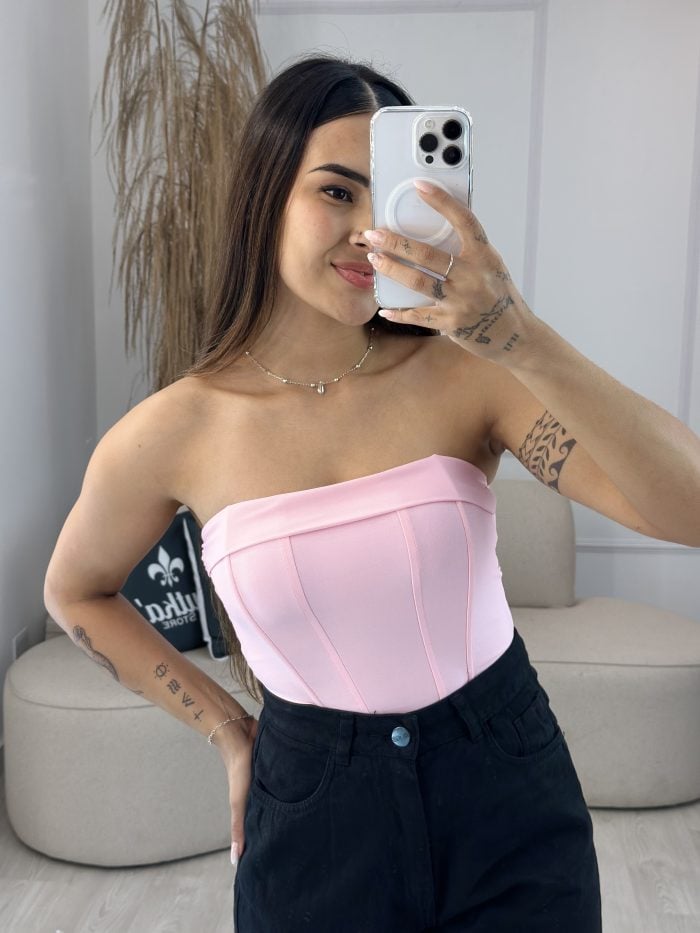 cropped corselet com barbatana e bojo rosa bebe 365