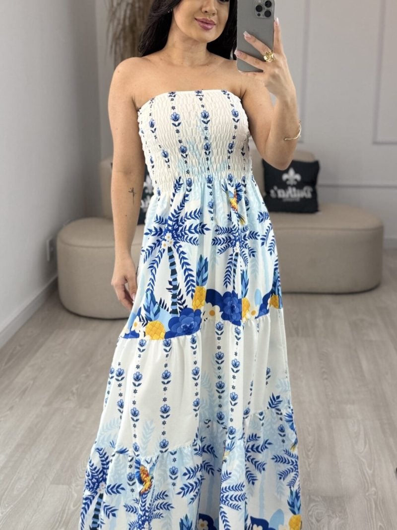 vestido lastex flores azul com abacaxi 346