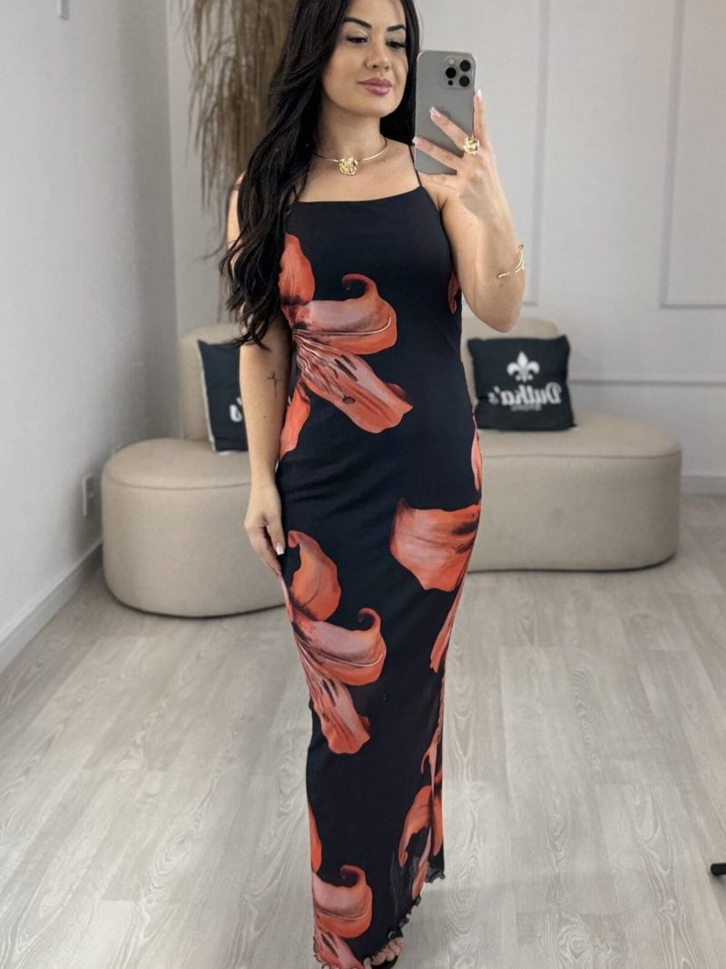 vestido tule alcinha estampado laranja 412
