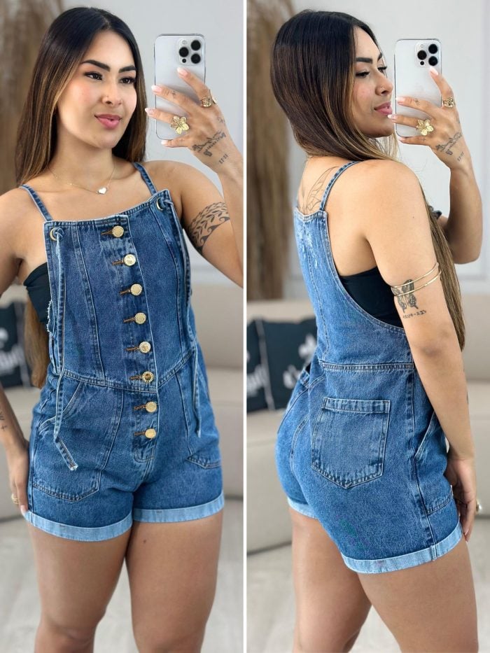 jardineira jeans botão jardineira jeans botão