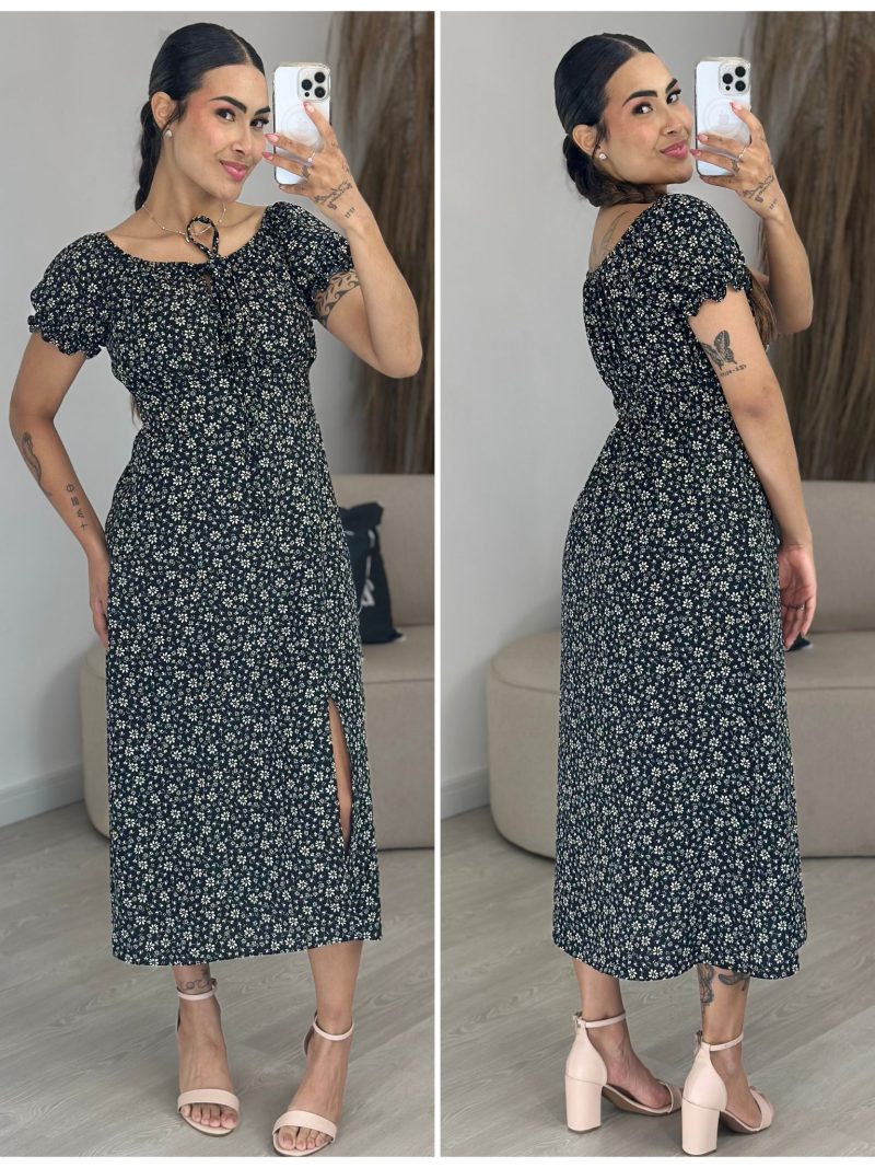 vestido camponesa bege com preto 1052