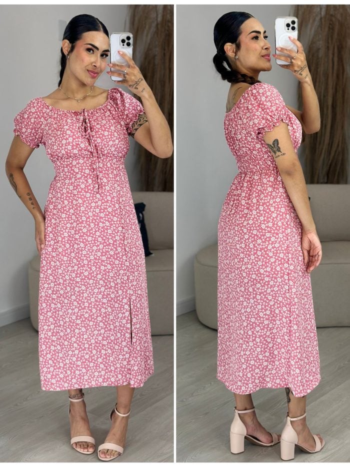 vestido camponesa bege com preto 1052