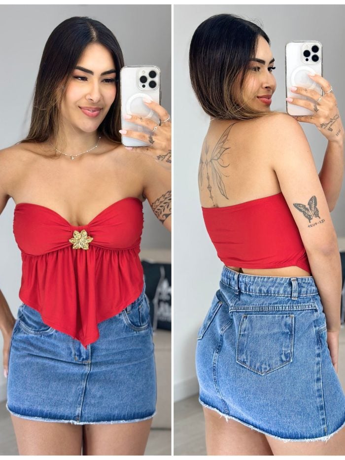 cropped bata flor vermelho 733