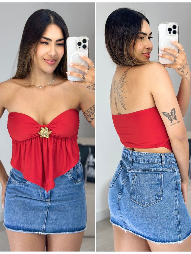 cropped bata flor vermelho 733