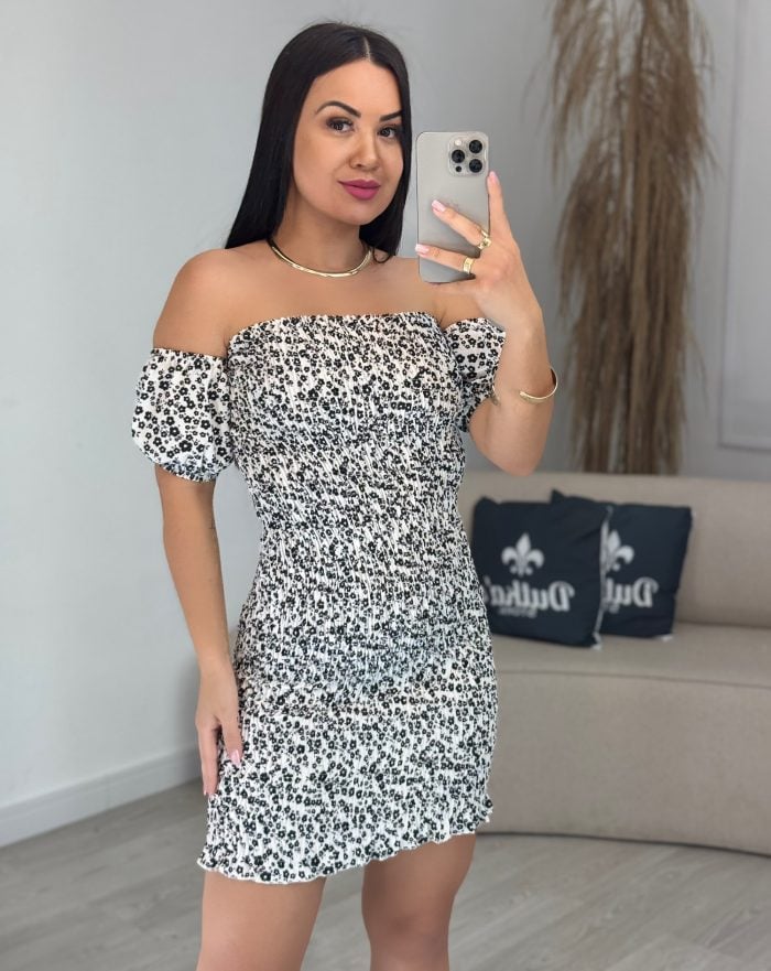 vestido lastex florzinha branco com preto 890