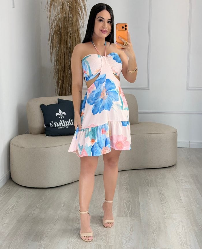 vestido florido curto bege com azul 1010 (cópia)