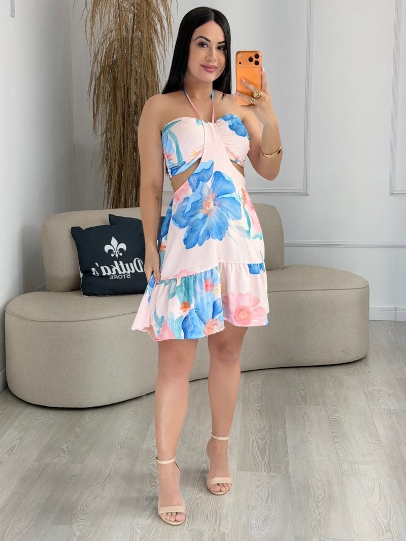 vestido florido curto bege com azul 1010 (cópia)