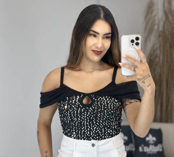 cropped paetê alcinha com tule preto 899