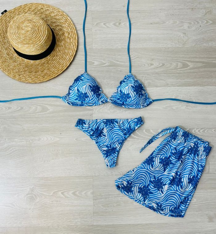 conjunto biquini com shorts azul floral 1341 conjunto biquini com shorts azul floral 1341