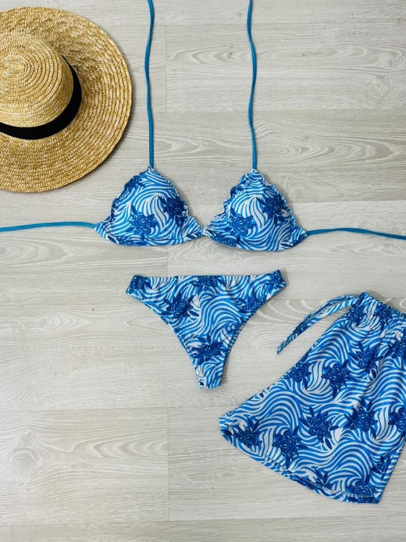 conjunto biquini com shorts azul floral 1341
