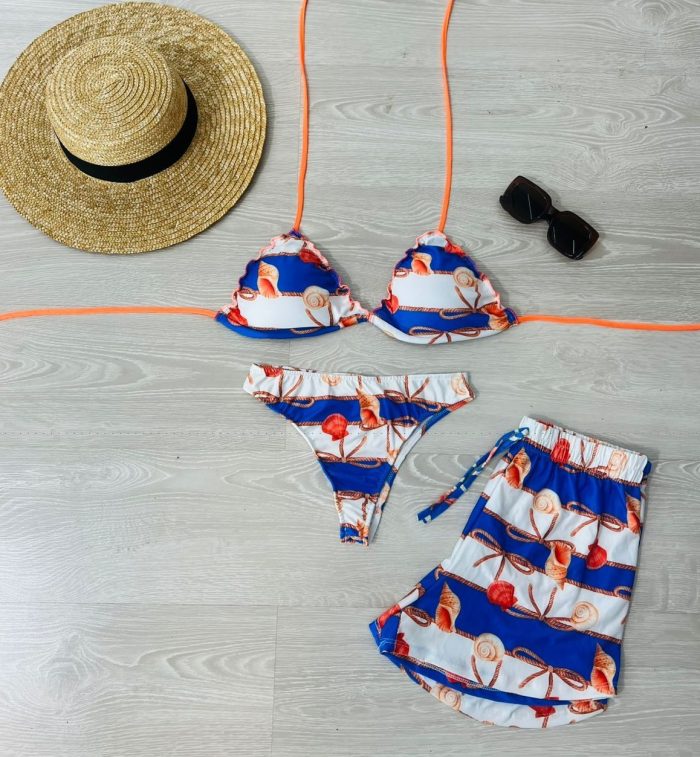 conjunto biquini com shorts azul e alaranjado com conchas 1343