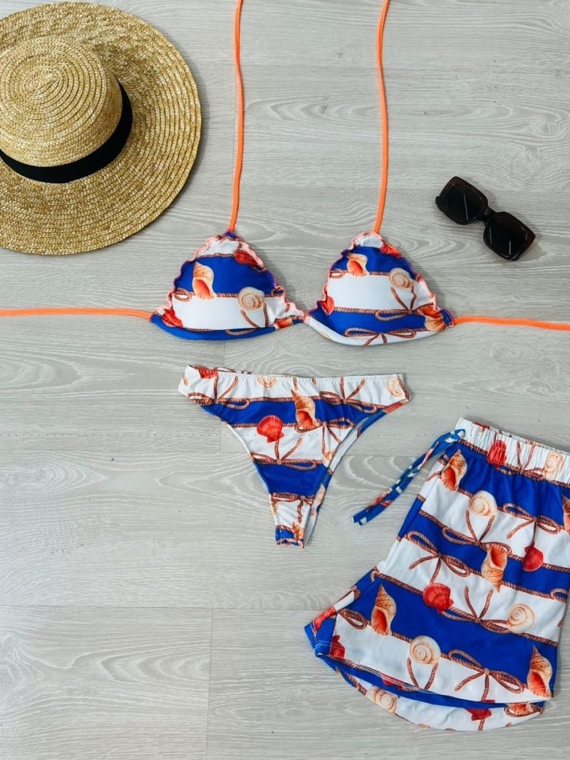 conjunto biquini com shorts azul e alaranjado com conchas 1343