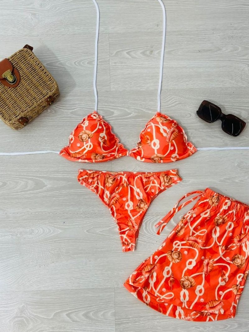 conjunto biquini com shorts alaranjado com conchas 1335
