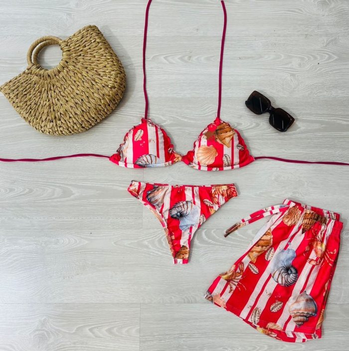 conjunto biquini com shorts rosa com conchas 1342