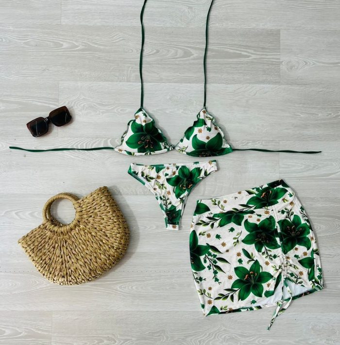 conjunto biquini com saia verde floral 1328 conjunto biquini com saia verde floral 1328