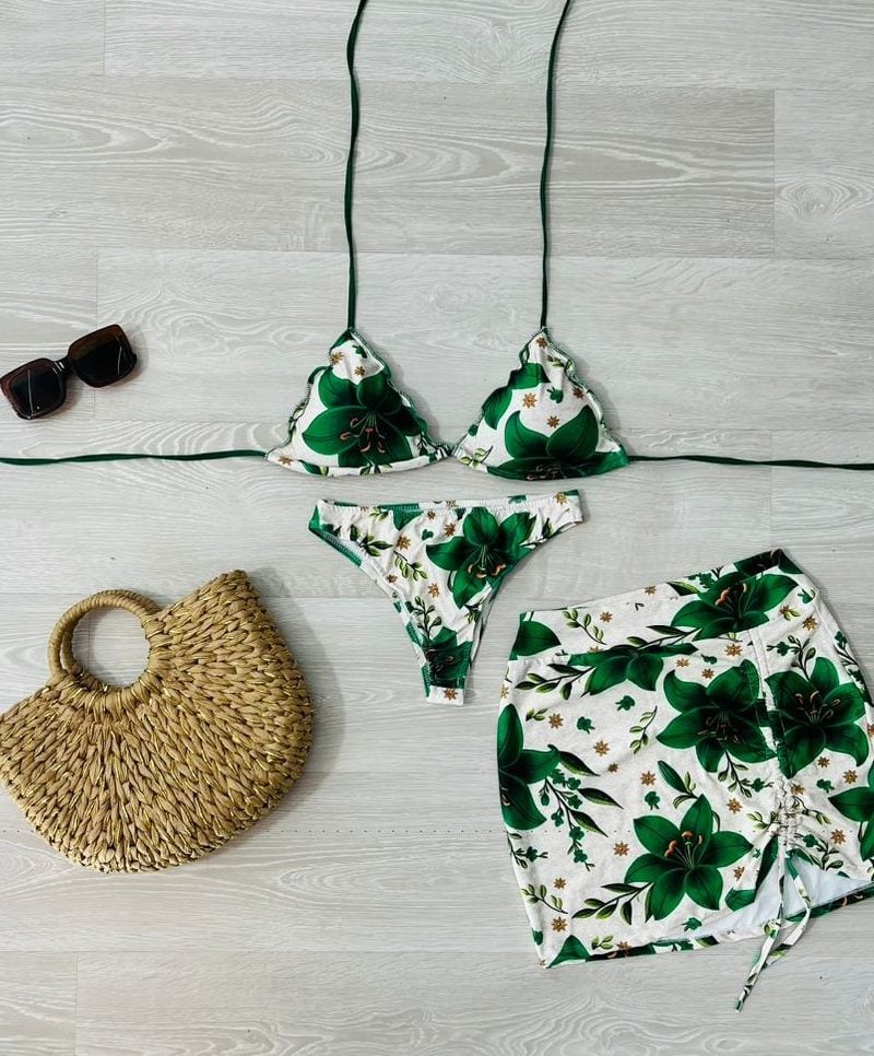 conjunto biquini com saia verde floral 1328