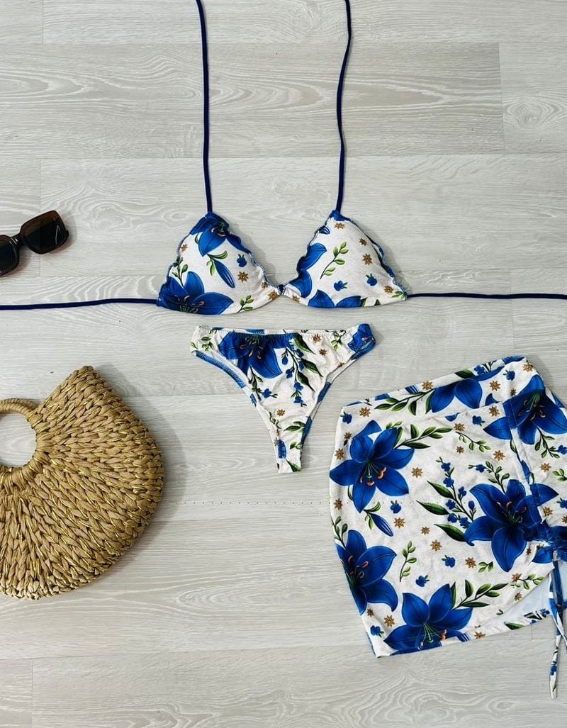 conjunto biquini com saia off com floral azul 1331