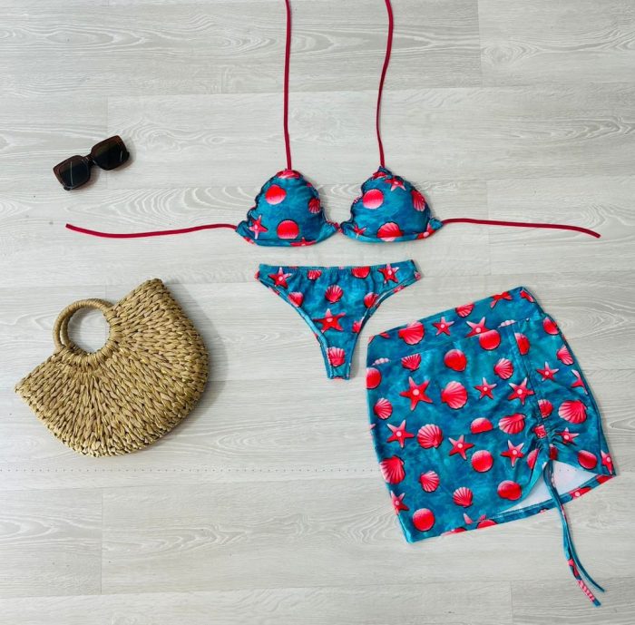 conjunto biquini com saia verde agua com conchas 1332