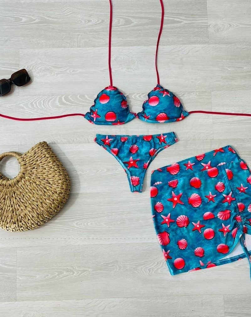 conjunto biquini com saia verde agua com conchas 1332