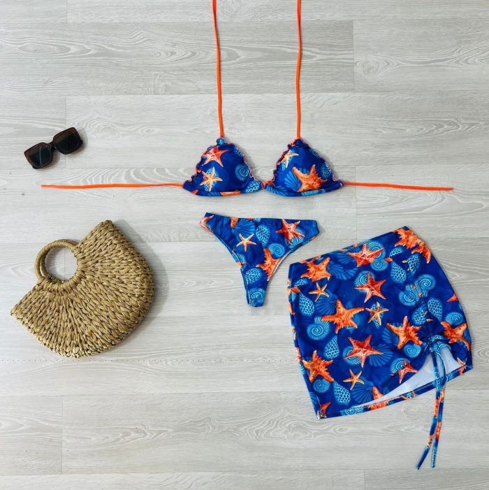 conjunto biquini com saia azul com estrelas 1327