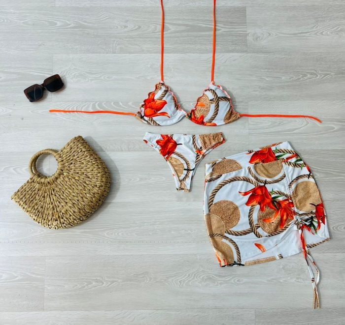 conjunto biquini com saia laranja com cordas 1329