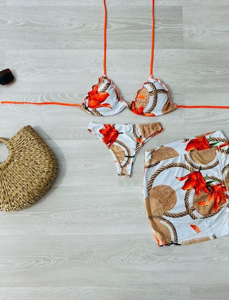 conjunto biquini com saia laranja com cordas 1329