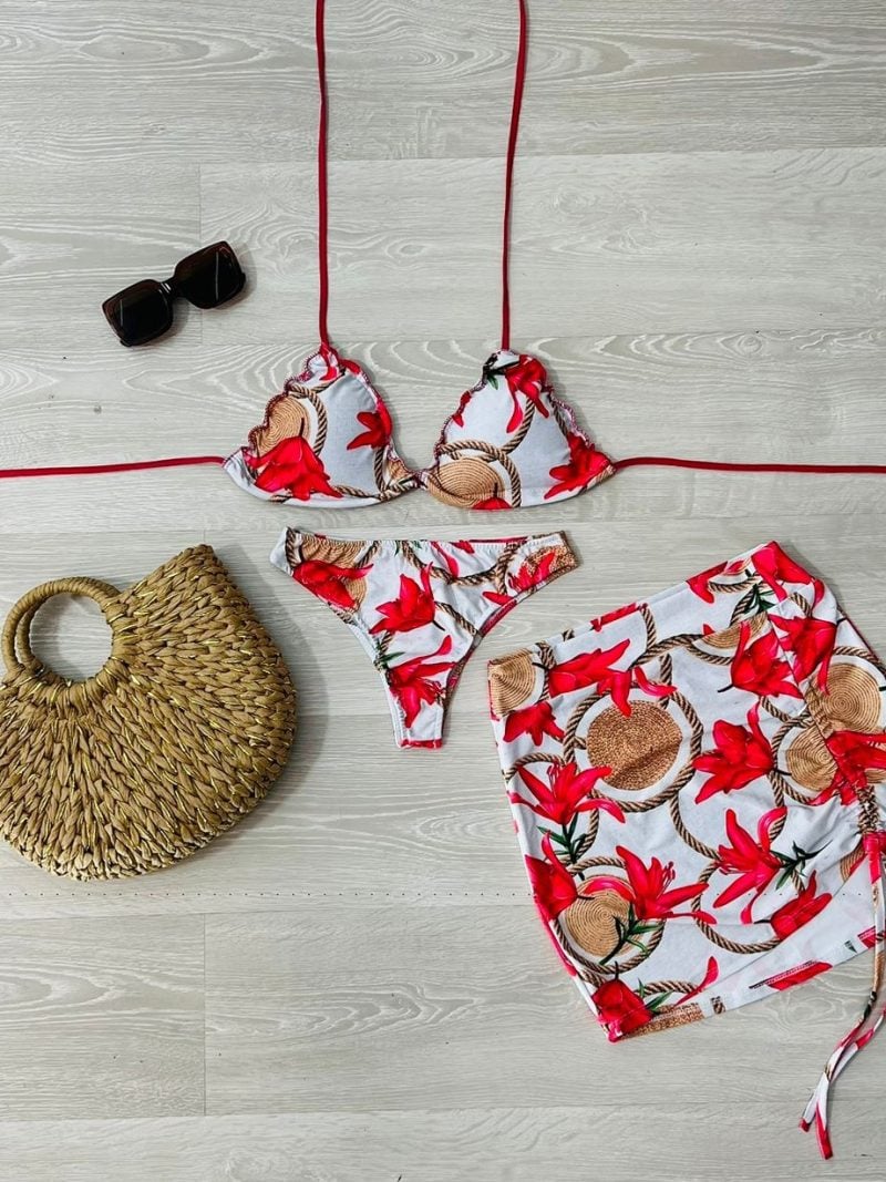 conjunto biquini com saia branco com floral rosa 1325