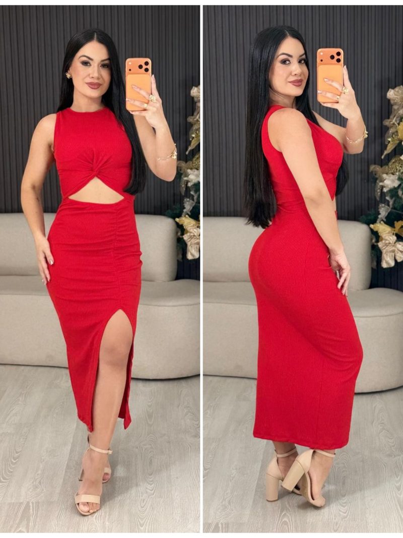 vestido midi fenda vermelho 1596