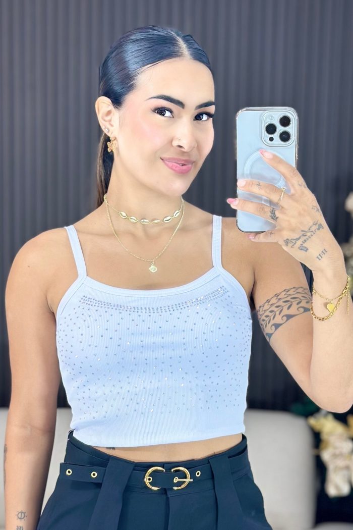 cropped canelado de alcinha com strass branco 1491