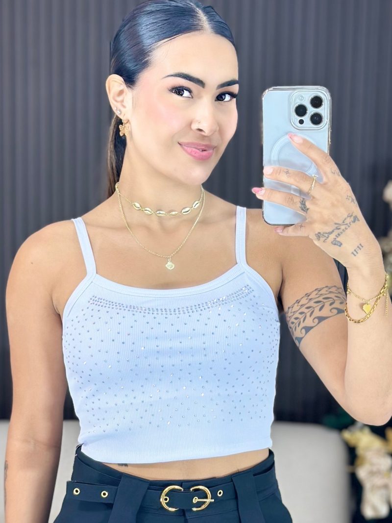 cropped canelado de alcinha com strass branco 1491