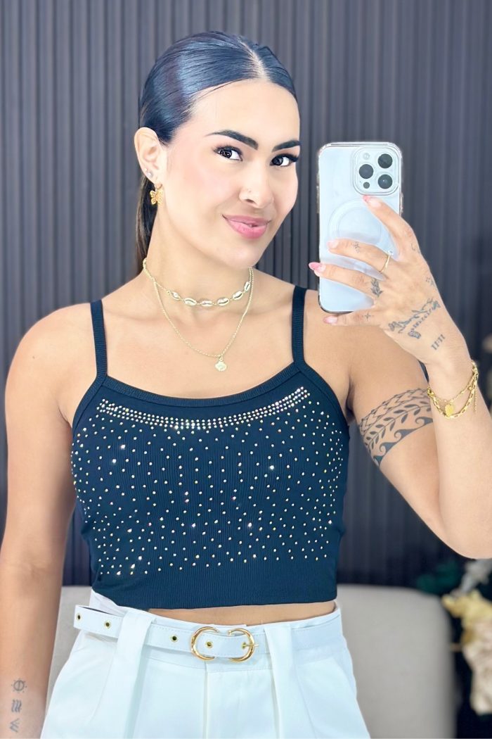 cropped canelado de alcinha com brilho preto 1489
