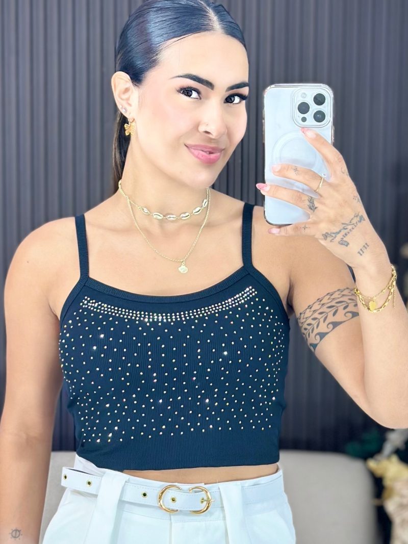 cropped canelado de alcinha com brilho preto 1489