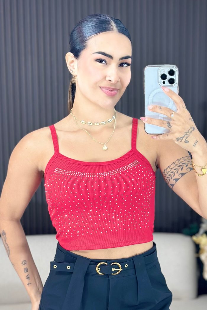 cropped canelado de alcinha com strass vermelho 1492