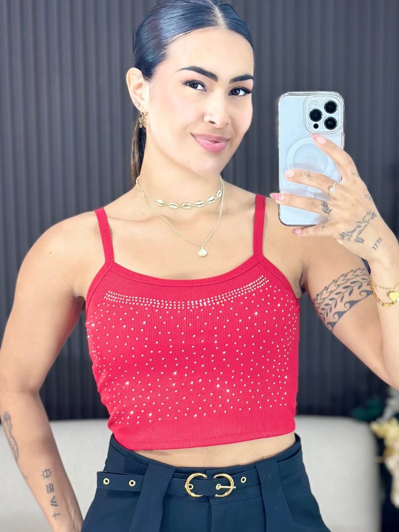 cropped canelado de alcinha com strass vermelho 1492