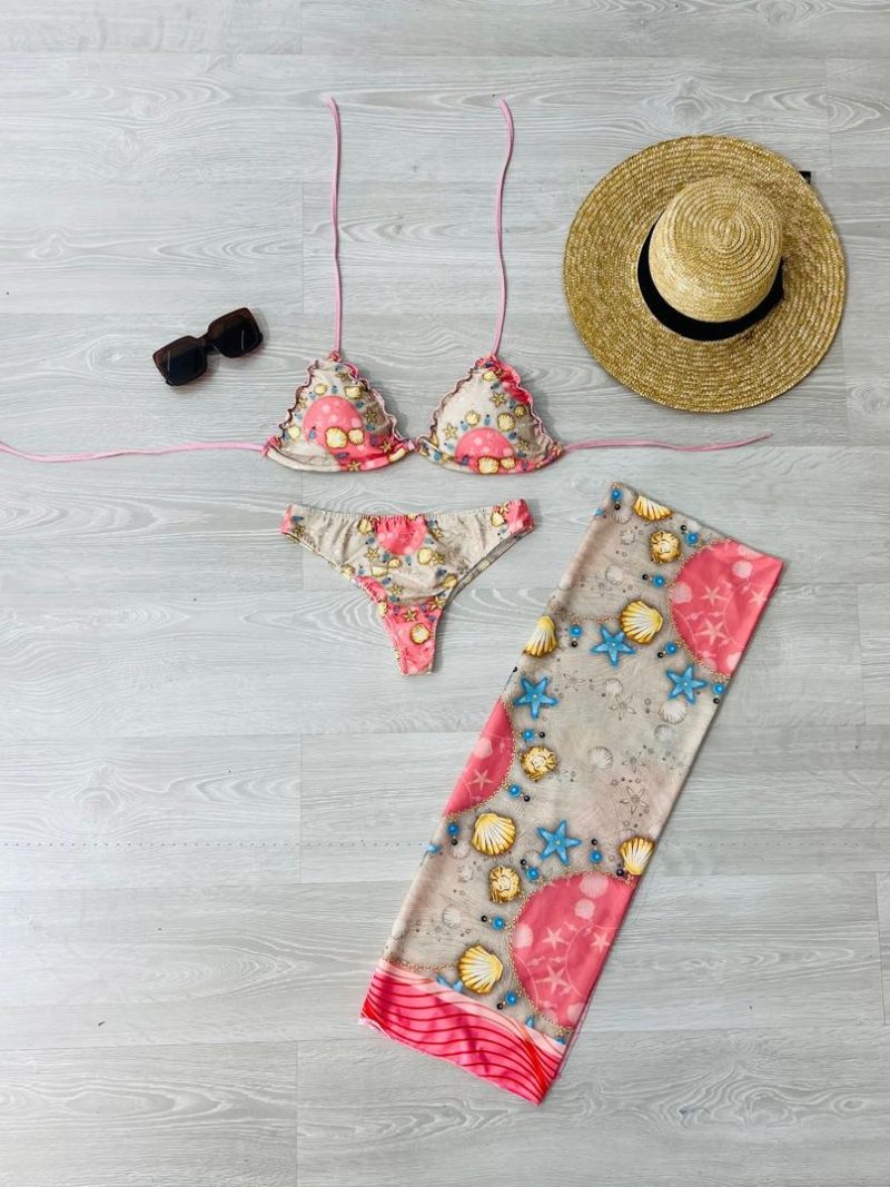 conjunto biquini com canga rosa com conchas 1323